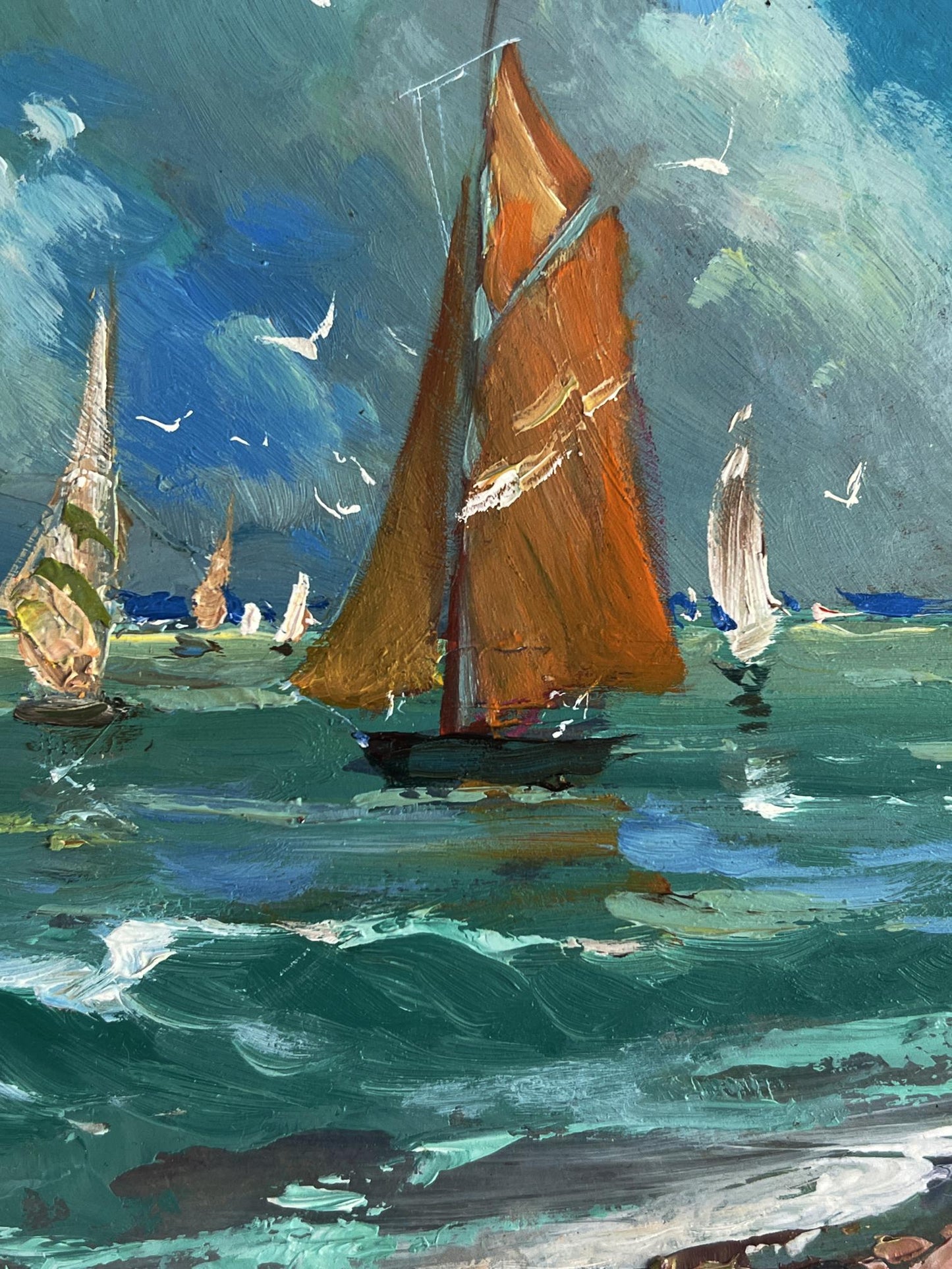 Oil painting of vibrant orange sailboat on turbulent teal sea by Yuriy Suprunchuk