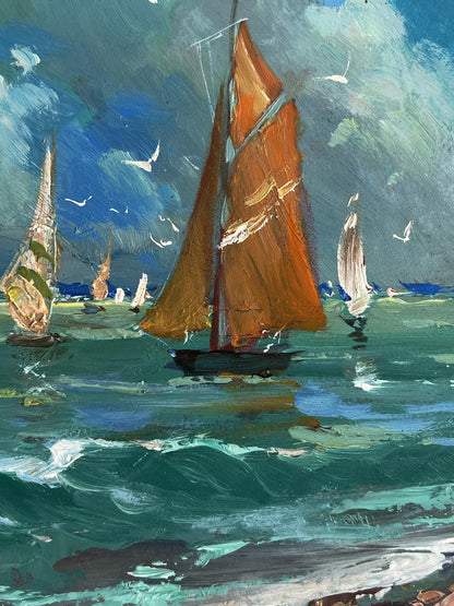 Oil painting of vibrant orange sailboat on turbulent teal sea by Yuriy Suprunchuk