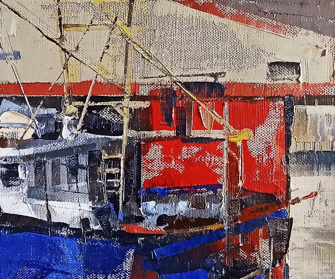 Oil painting The ship is under repair by Volodymyr Gluhomanyuk with bold red blue white strokes