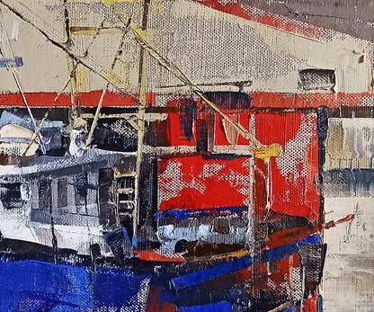 Oil painting The ship is under repair by Volodymyr Gluhomanyuk with bold red blue white strokes
