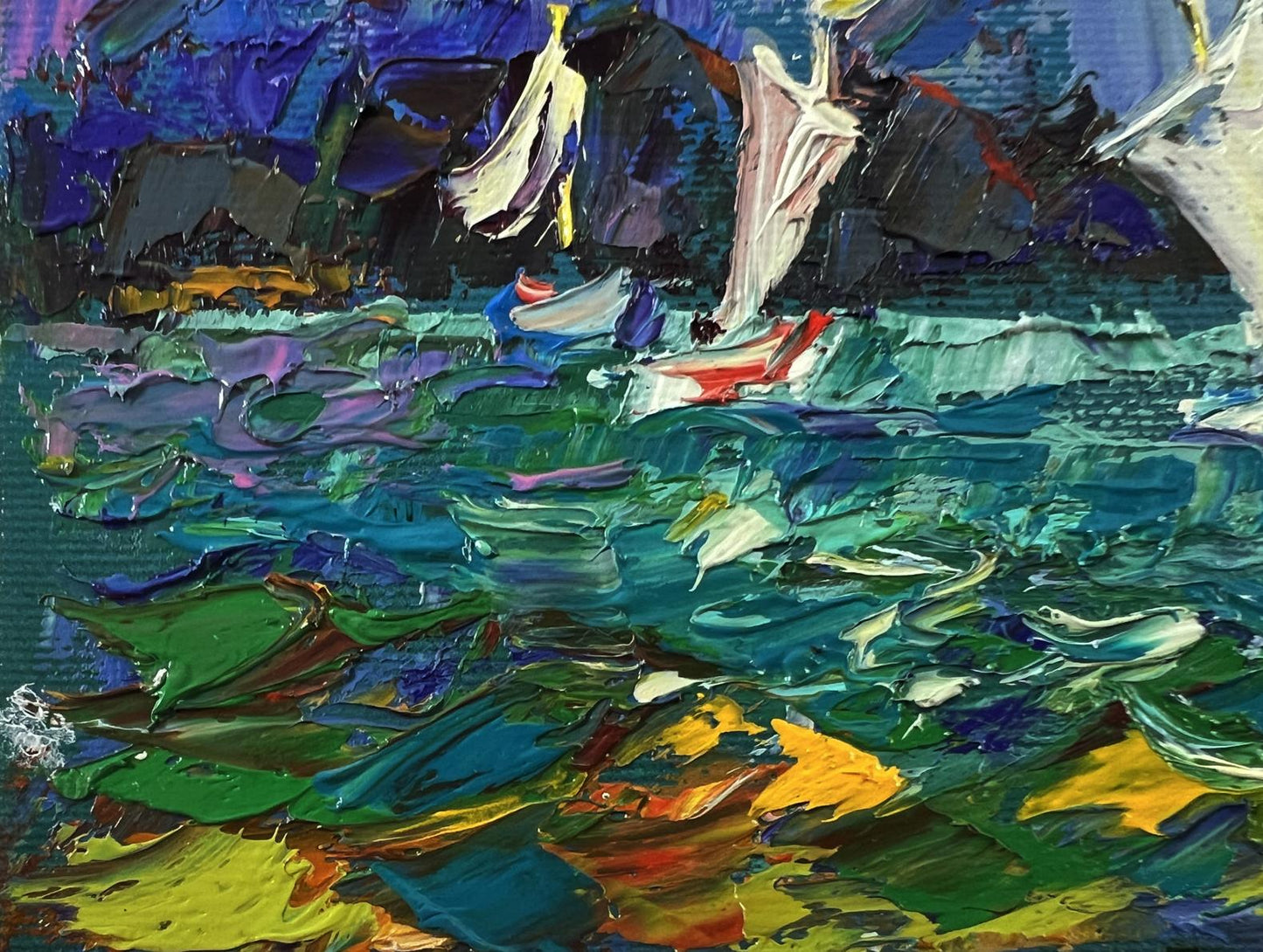 Vibrant impressionist oil painting of sailboats on choppy turquoise waters by Oleksiy Ivanyuk