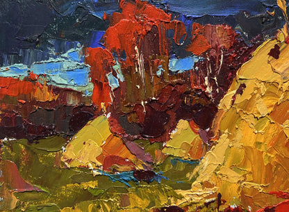 Vibrant impressionist oil painting of autumn fields and haystacks by Oleksiy Ivanyuk