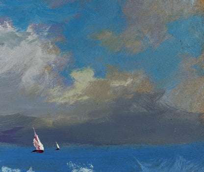 Oil painting of small white sailboat with red hull on raging sea waves by Yuriy Suprunchuk