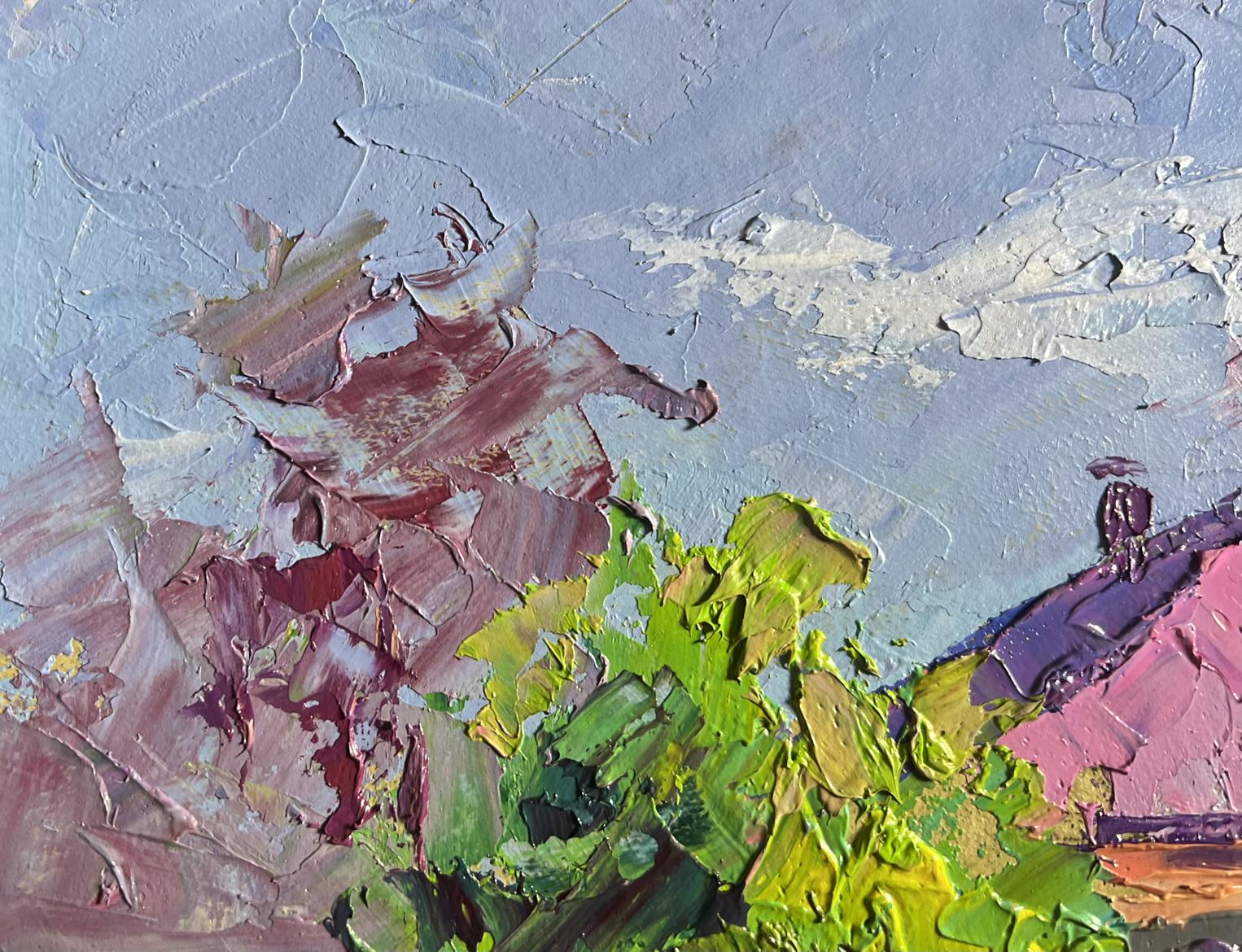 Oil painting Cherry blossom by Boris Serdyuk with green foliage and purple landscape
