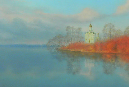 Oil painting of Church of St. Nicholas by Vasily Korkishko on serene island