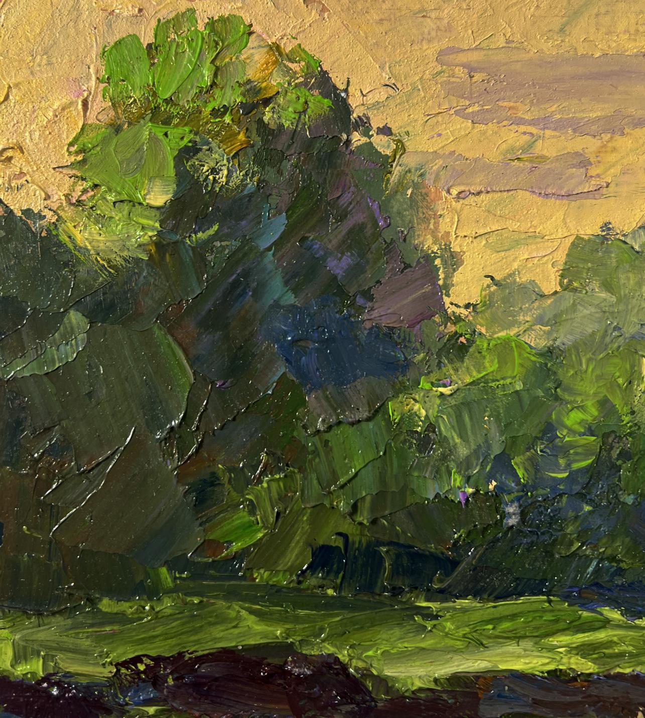 Textured impressionist oil painting of spring sunset over river by Boris Serdyuk