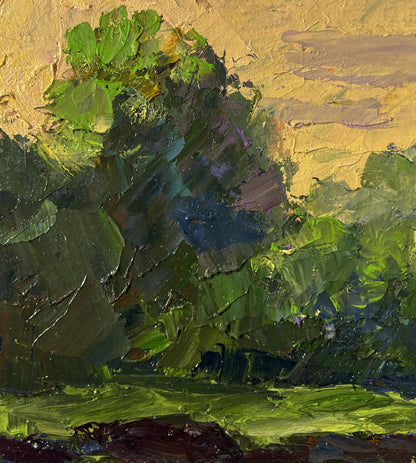 Textured impressionist oil painting of spring sunset over river by Boris Serdyuk