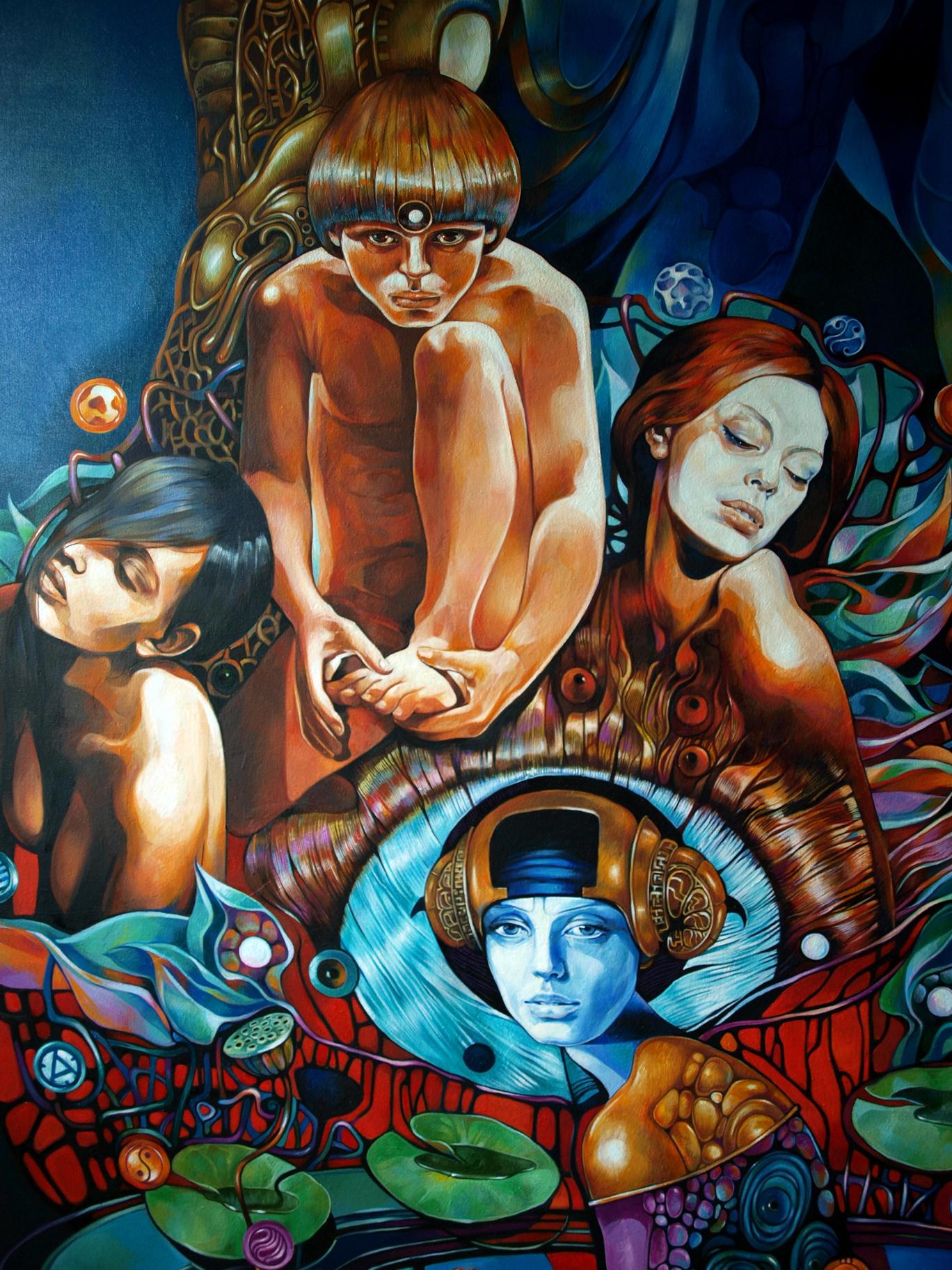 Oil painting Mirror of Consciousness by Konsta G. Amelinn, surrealist blue-faced figure