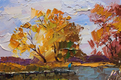 Oil painting On the autumn river by Boris Serdyuk, vibrant impressionist trees