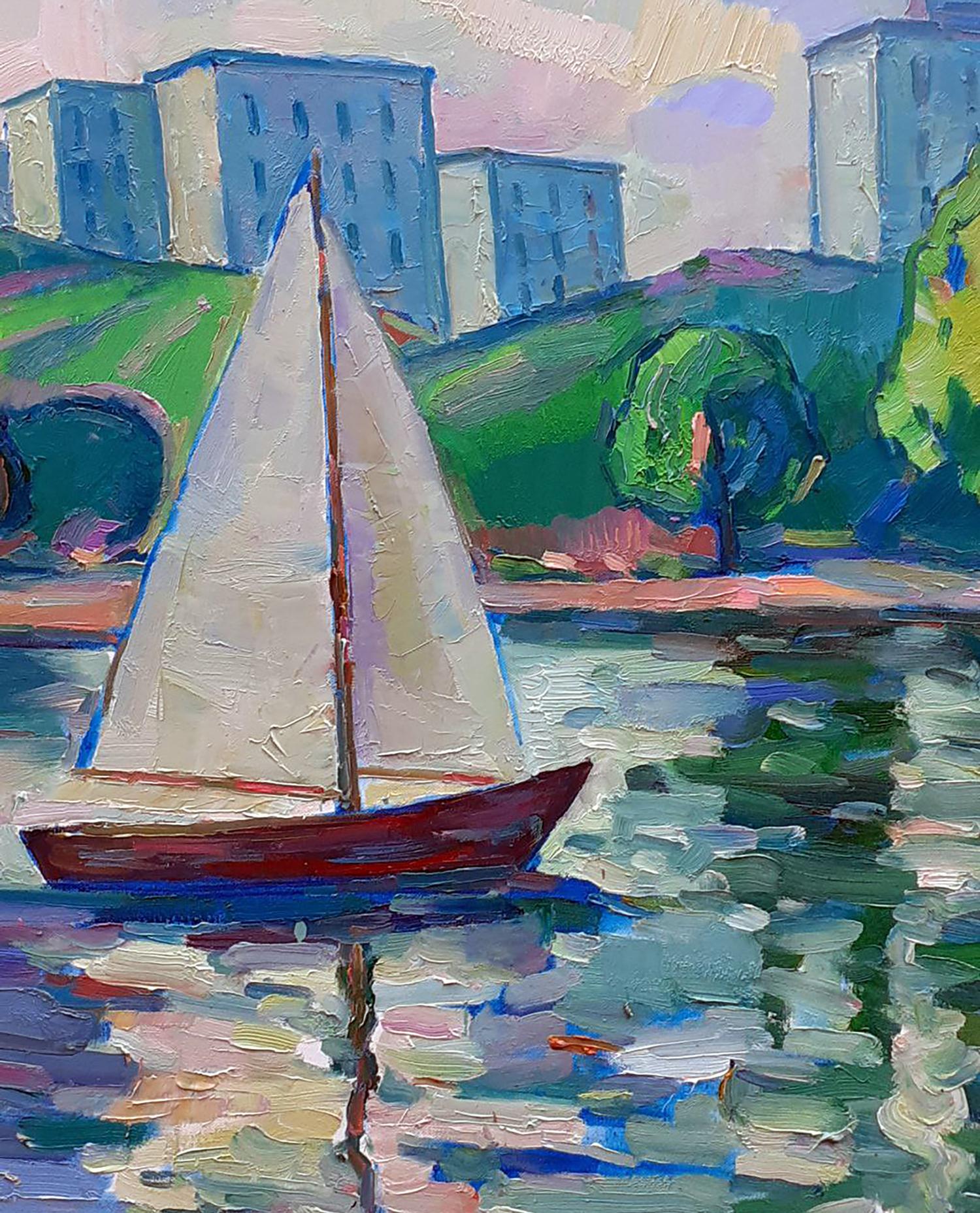Oil painting Sails at sea by Peter Dobrev: white sailboat with red hull