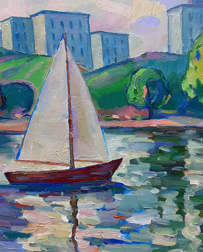 Oil painting Sails at sea by Peter Dobrev: white sailboat with red hull