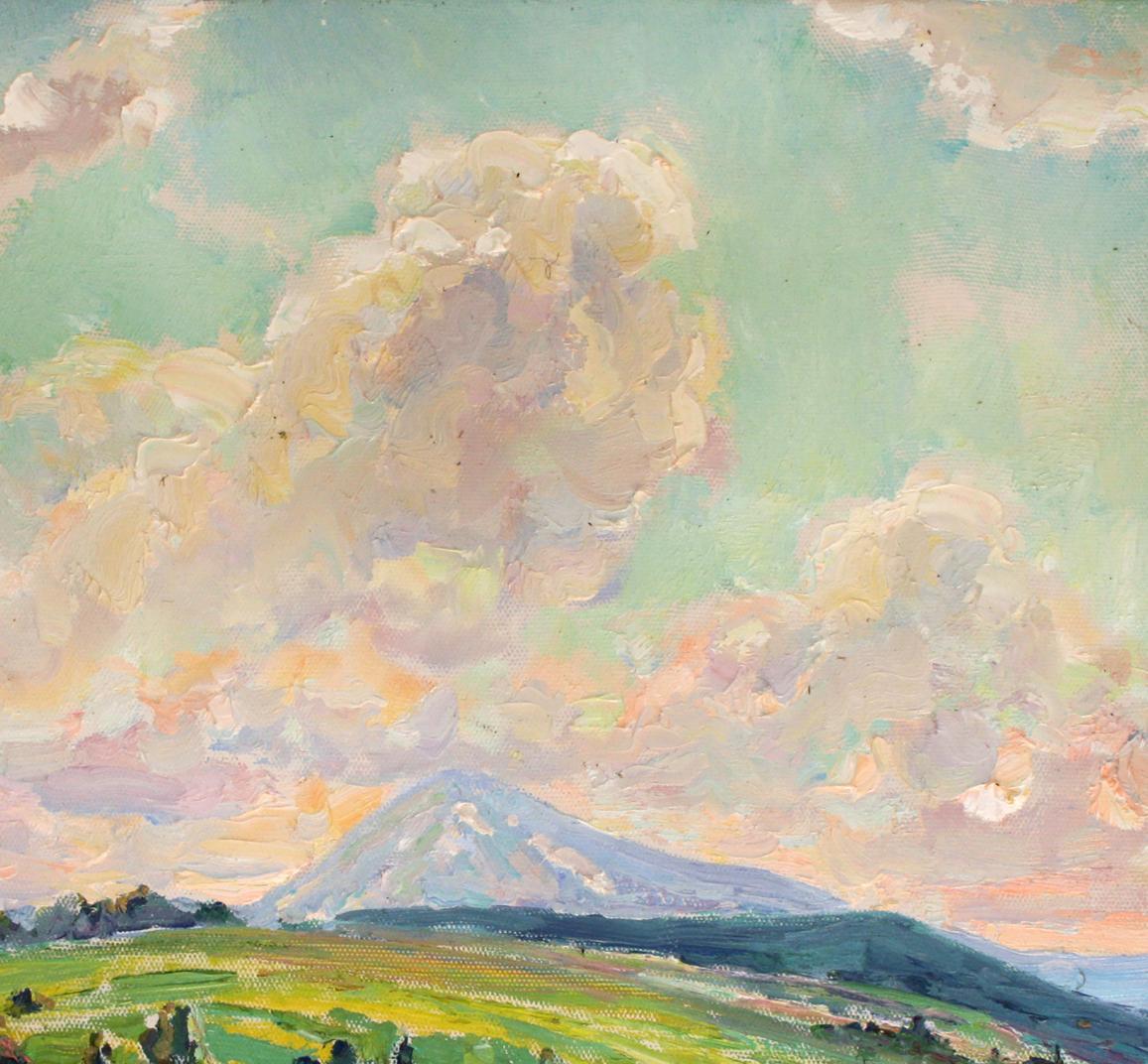 Oil painting by Leonid Pavlenko: pastel sky, clouds over snow-capped mountain