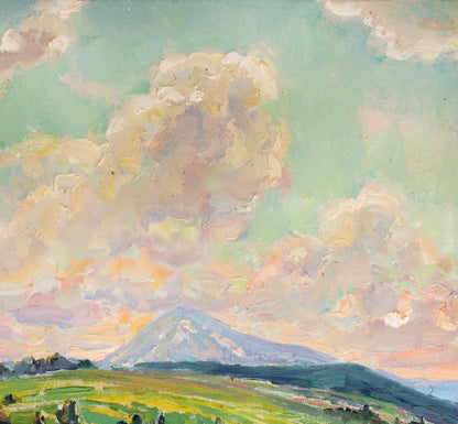 Oil painting by Leonid Pavlenko: pastel sky, clouds over snow-capped mountain