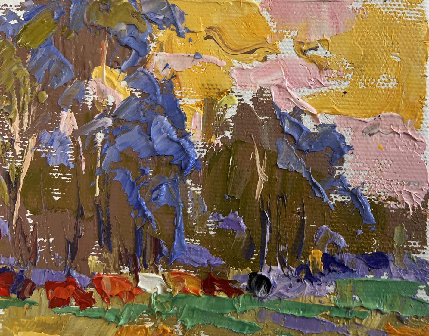 Vibrant impressionist oil painting of summer meadows and forest by Oleksiy Ivanyuk
