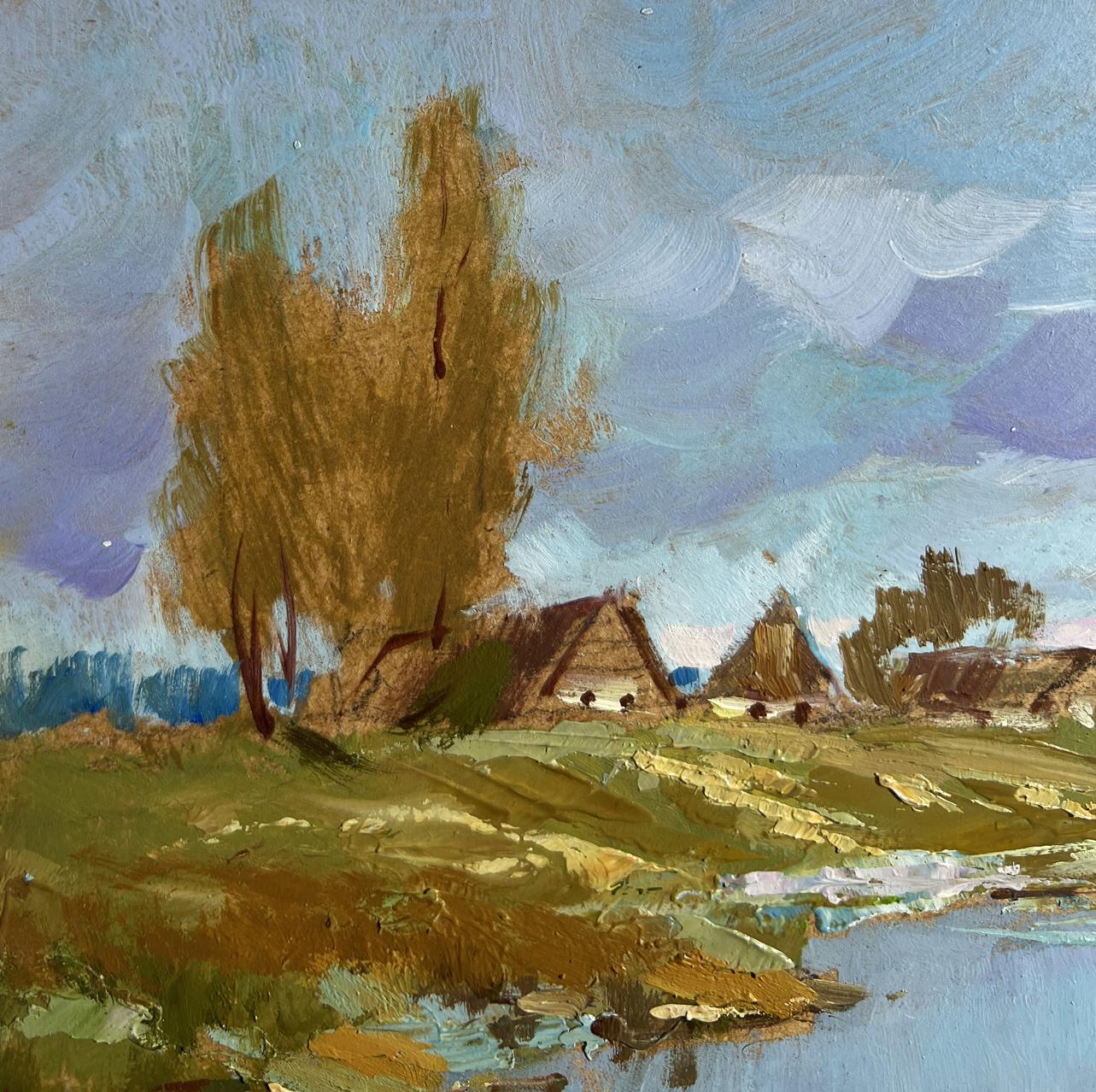 Oil painting of Yuriy Suprunchuk village river landscape with trees and cottages