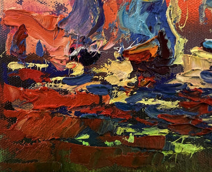 Vibrant sailboats oil painting with orange sunset by Oleksiy Ivanyuk