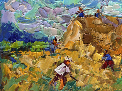 Vibrant impressionist oil painting by Oleksiy Ivanyuk: figures laboring with hay on sunlit hillside