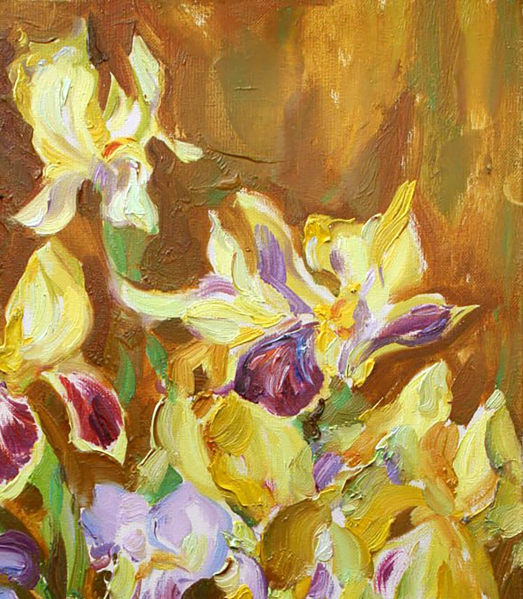 Vibrant yellow and purple irises oil painting by Leonid Pavlenko