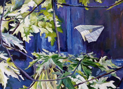 Oil painting by Maple Varvarov Anatoly Viktorovich: white paper airplane with gray stripes on blue