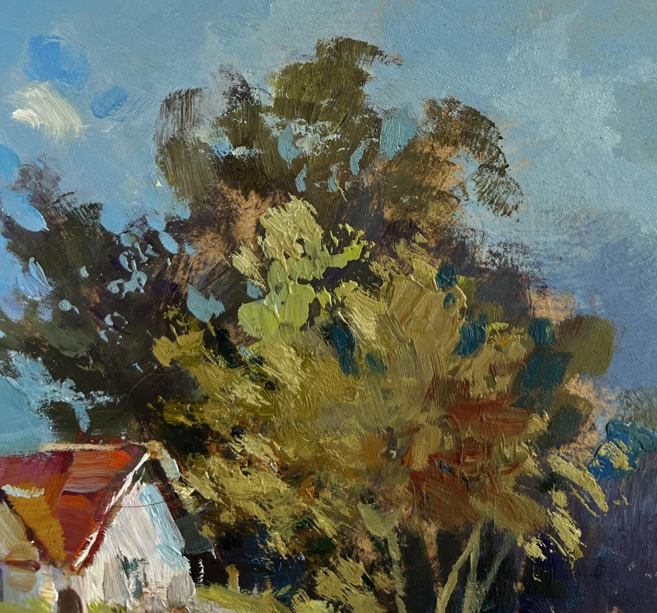 Vibrant impressionistic oil painting of lush tree and forest houses by Yuriy Suprunchuk