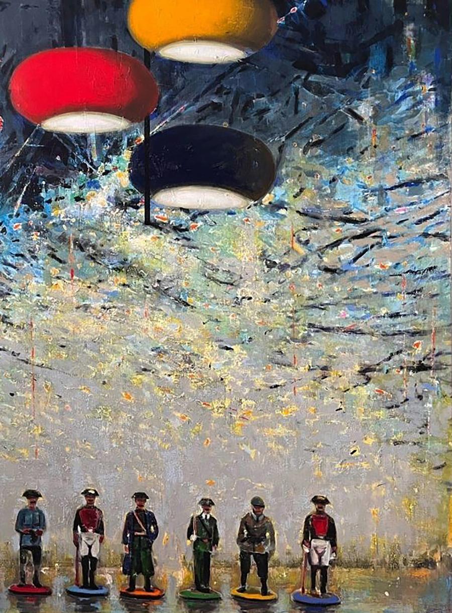 Oil painting by Juan Angel Gonzalez de la Calle: red, yellow, black pendant lights over figurines