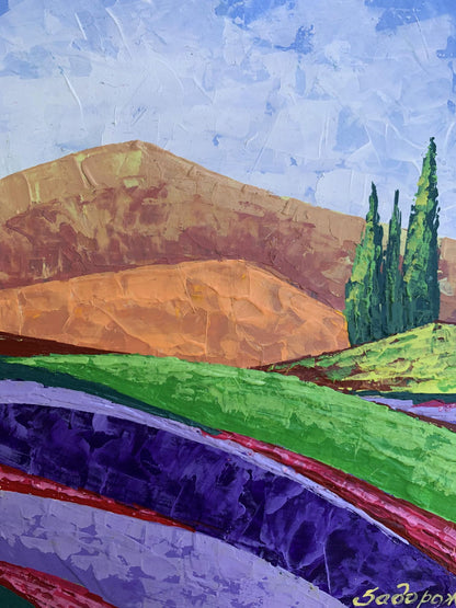 Oil painting In the mountains V. Zadorozhnya: vibrant abstract landscape with cypress trees