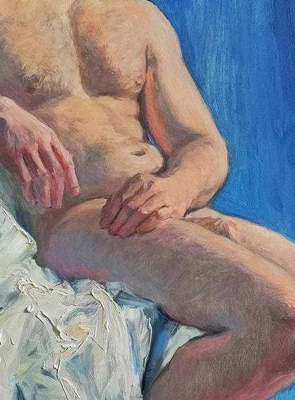 Oil painting portrait of pensive male figure by Oksana Osnach