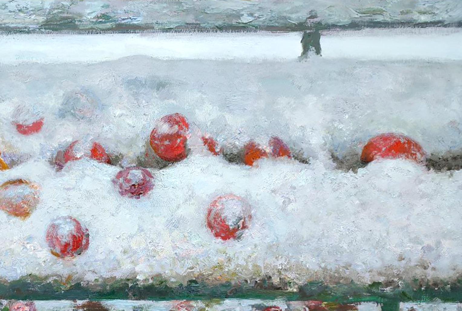 Red spherical ornaments in snow from Leonid Pavlenko oil painting