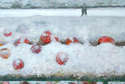 Red spherical ornaments in snow from Leonid Pavlenko oil painting