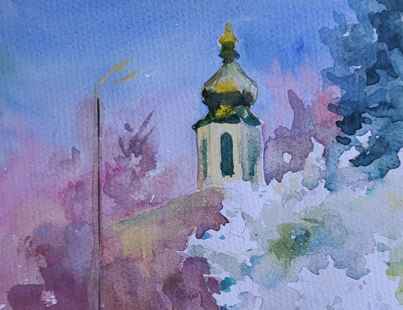 Watercolor painting of Boris Serdyuk church tower with golden dome