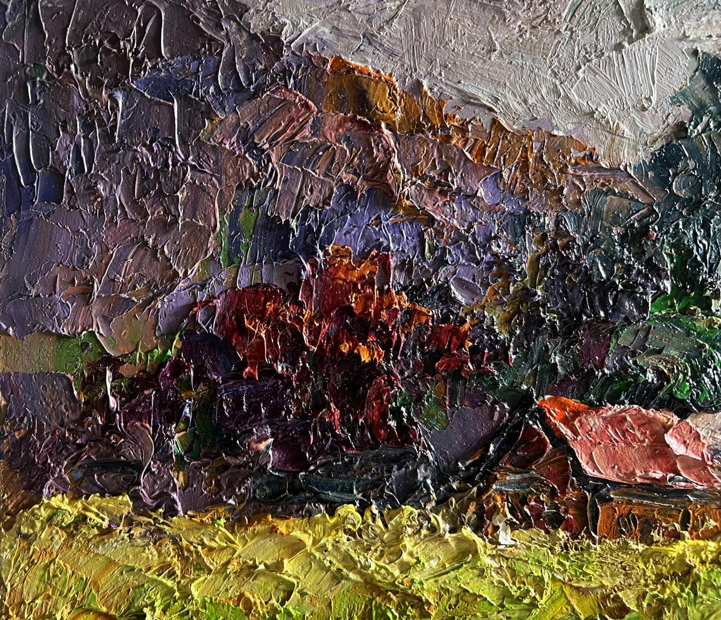 Oil painting Autumn in the mountains by Boris Serdyuk, impasto textures