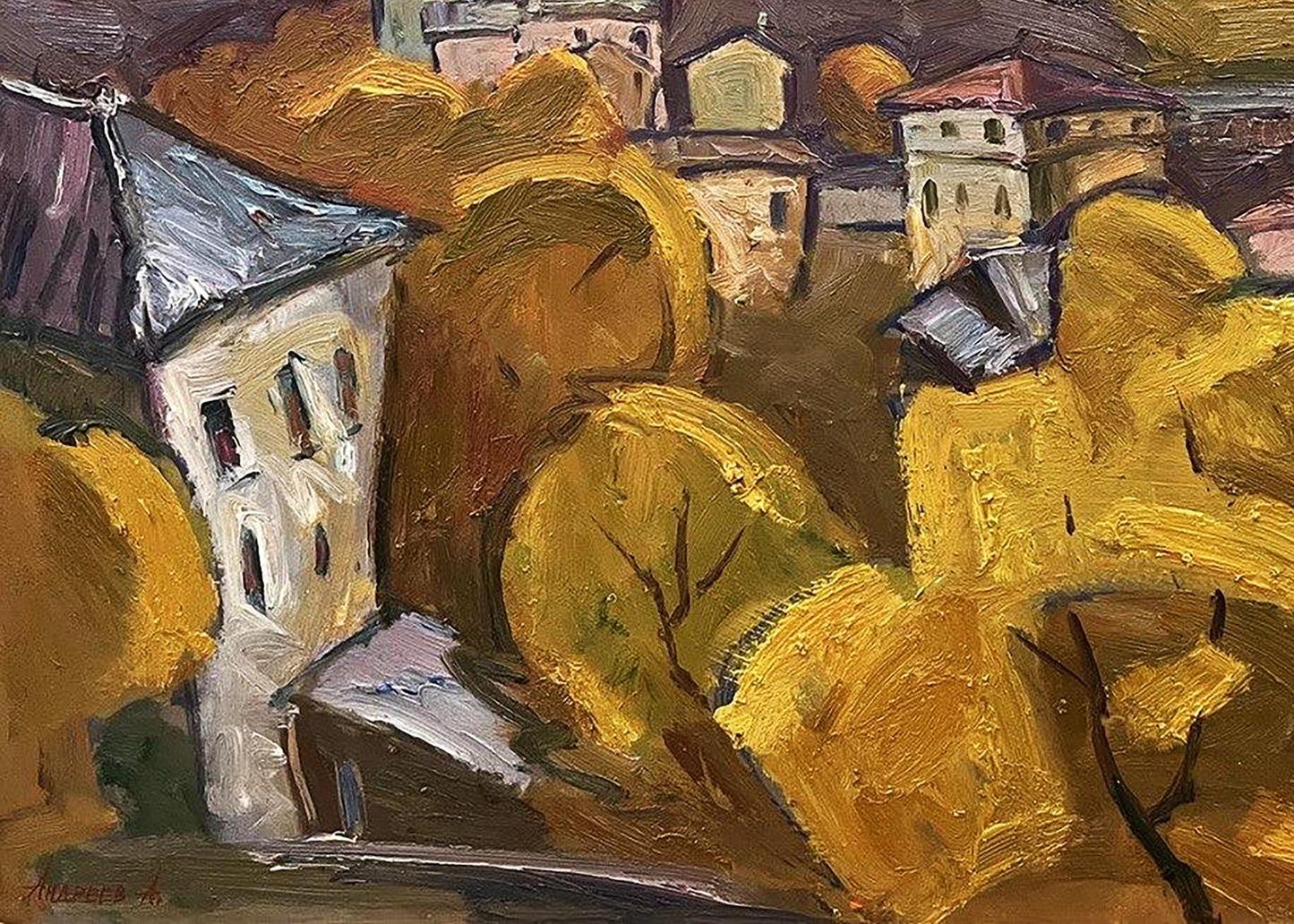 Vibrant impressionist oil painting of autumn village trees by Oleksandr Andreev