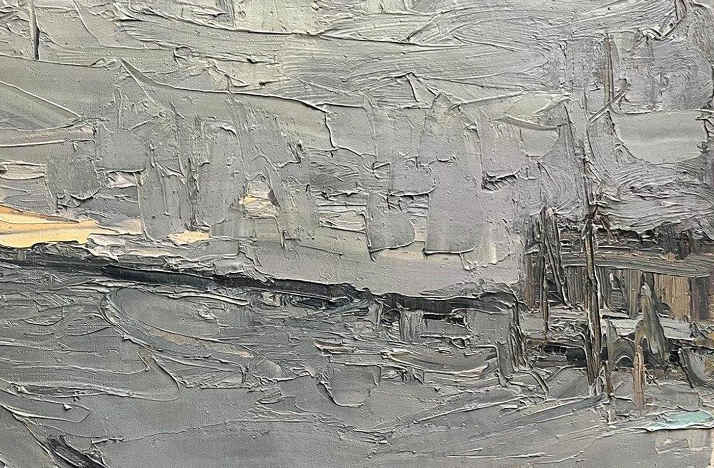 Oil painting Snowy road by Volodymyr Pashchenko with textured gray strokes