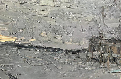 Oil painting Snowy road by Volodymyr Pashchenko with textured gray strokes