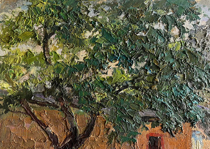 Textured oil painting of village tree in summer by Boris Serdyuk