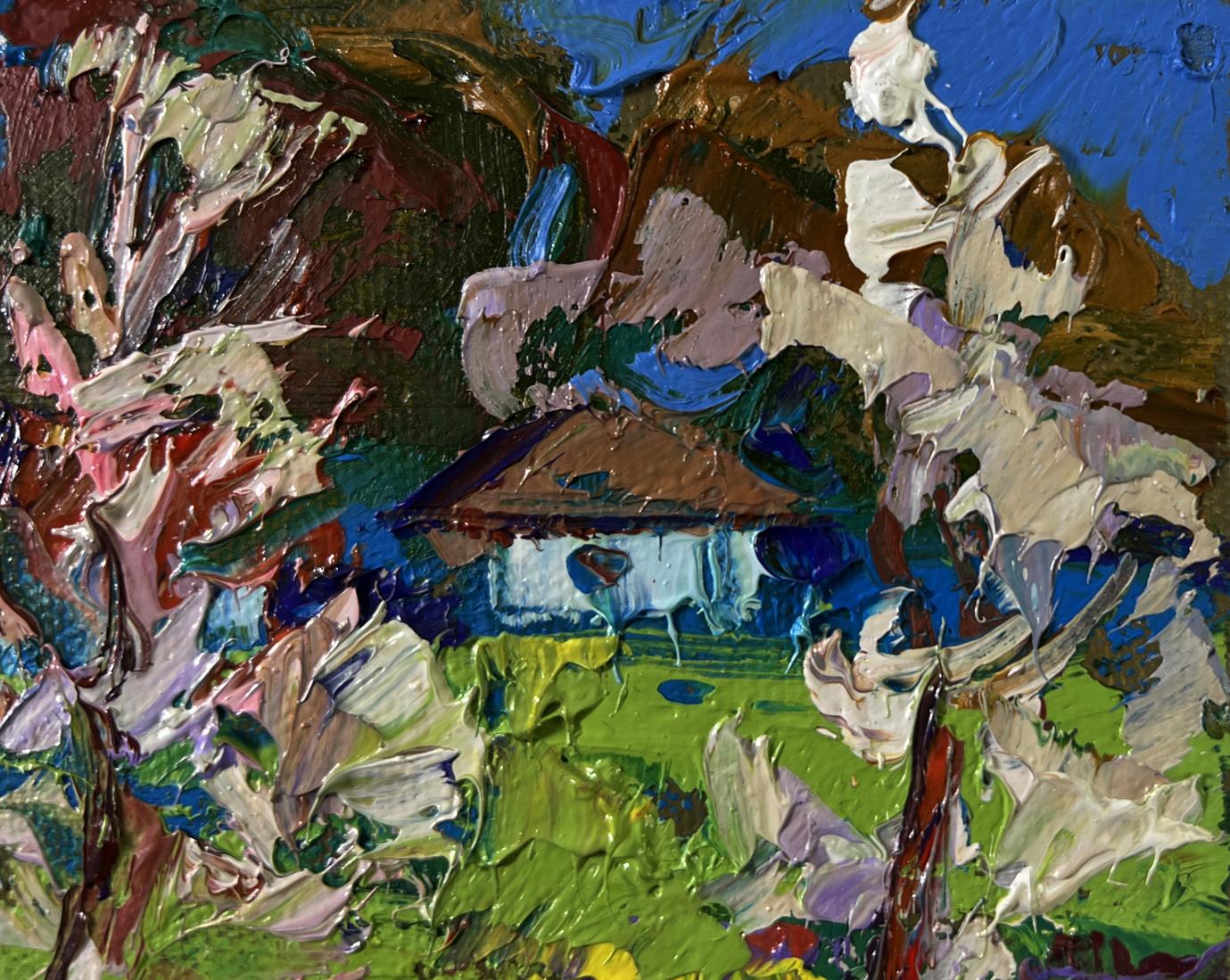 Oil painting Spring awakens in light by Oleksiy Ivanyuk, rustic house in lush greenery