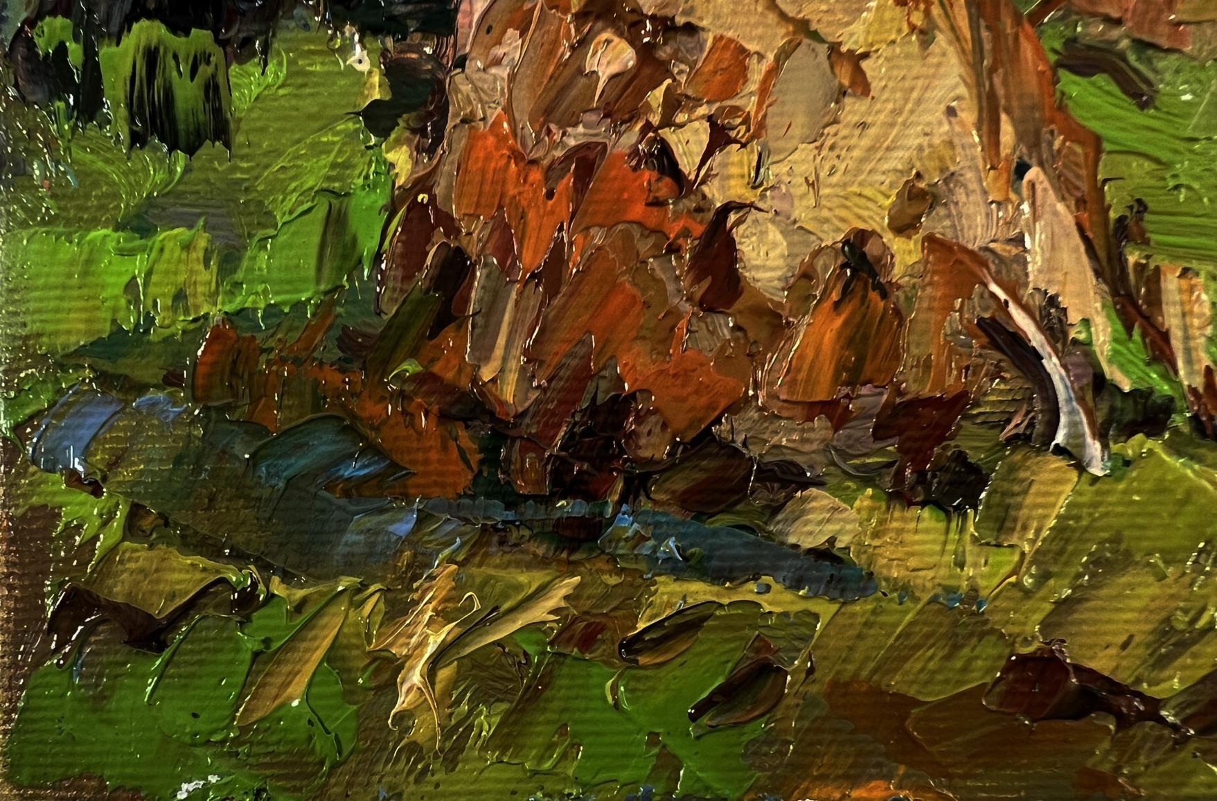 Oil painting Haystacks in the field by Oksana Ivanyuk, textured green landscape