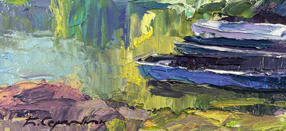 Oil painting The river and the forest by Boris Serdyuk vibrant boats