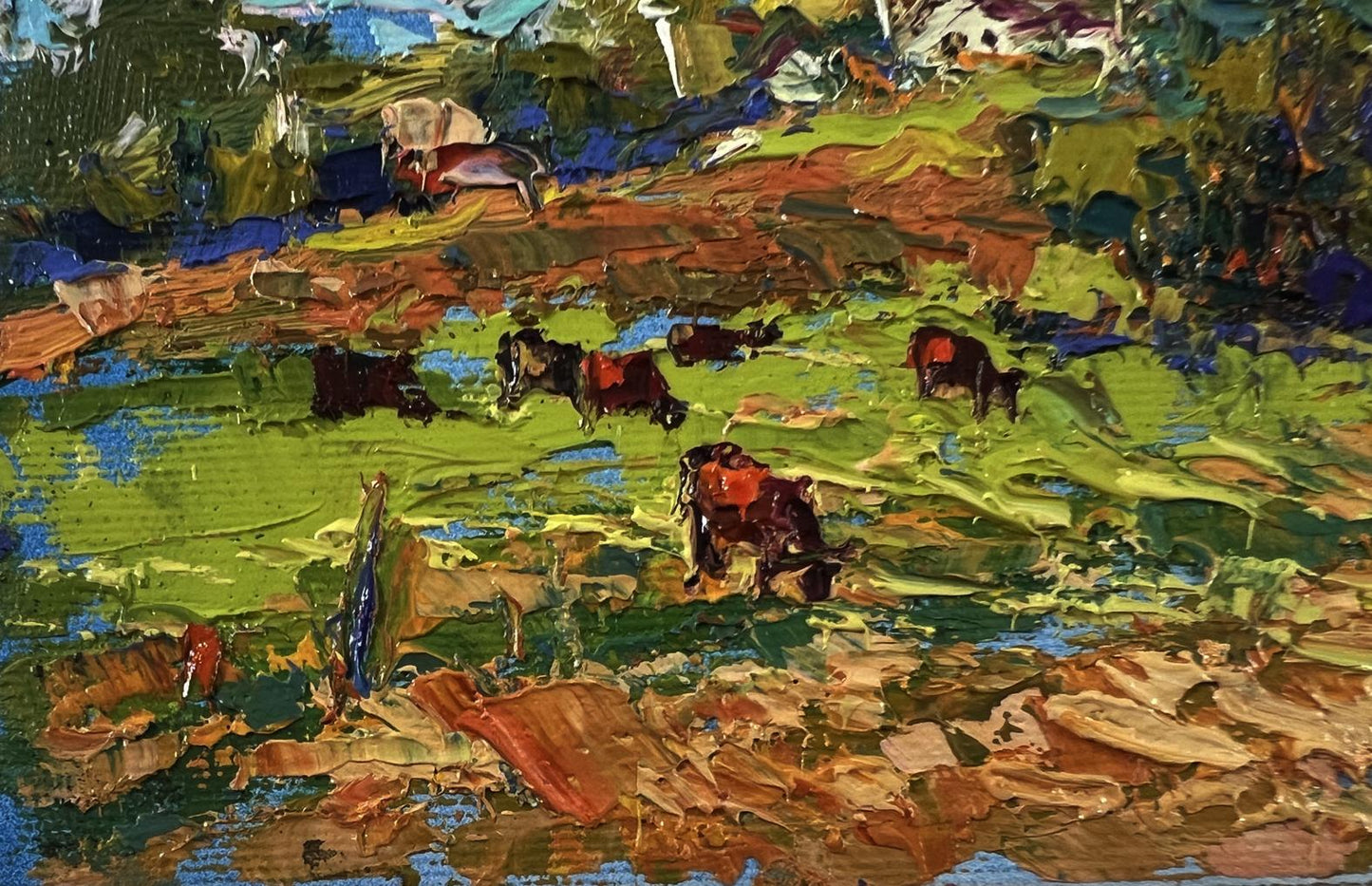Vibrant impressionist oil painting of grazing cattle by Oksana Ivanyuk