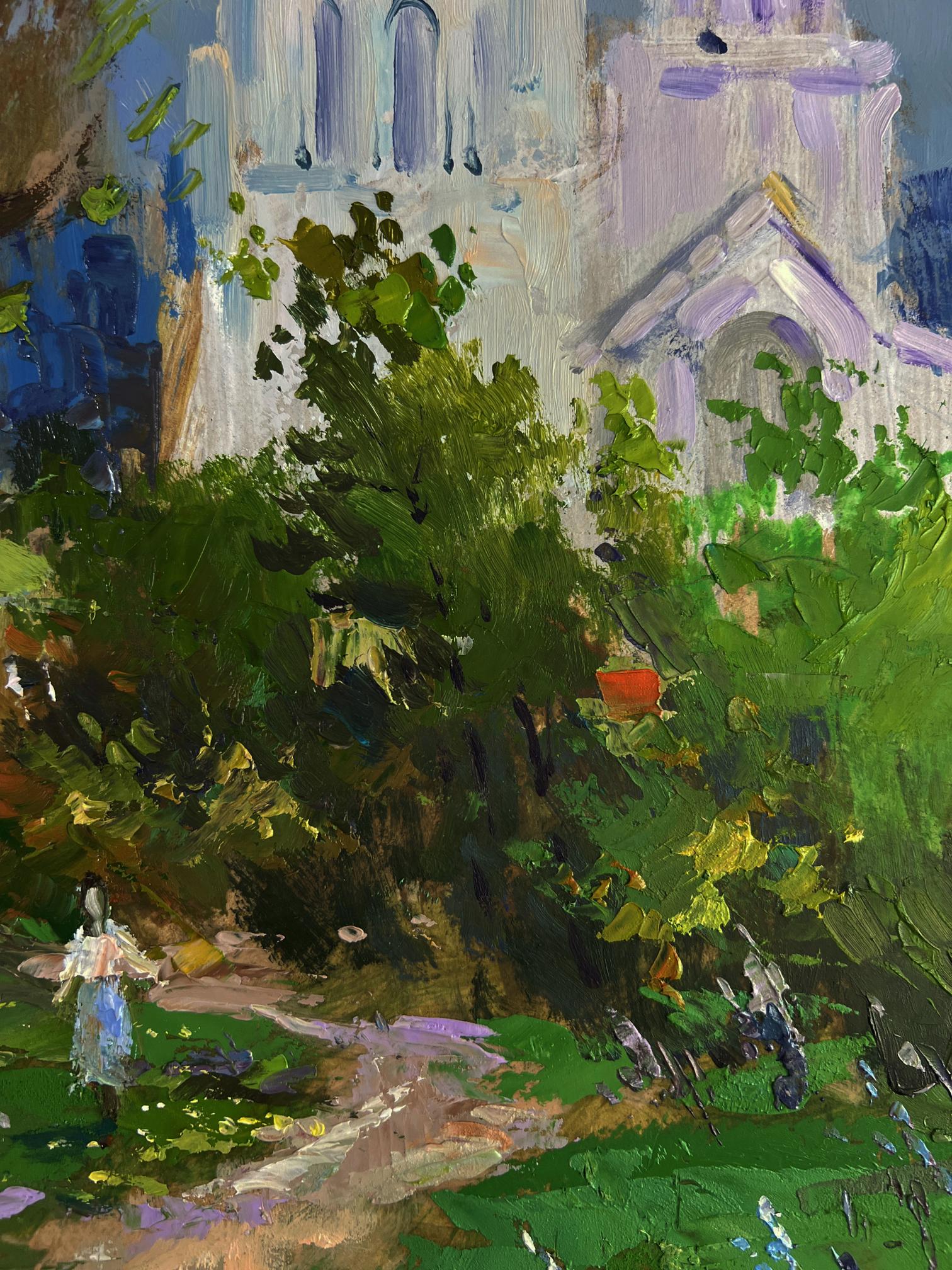 Vibrant impressionist oil painting of white stone church under shining sky by Yuri Suprunchuk