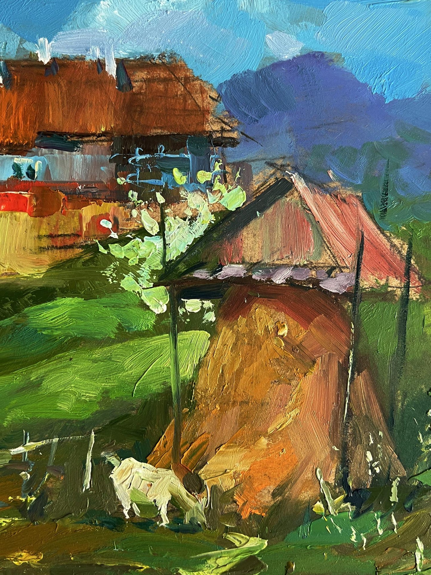 Oil painting of rustic shed in village garden with goat by Yuriy Suprunchuk