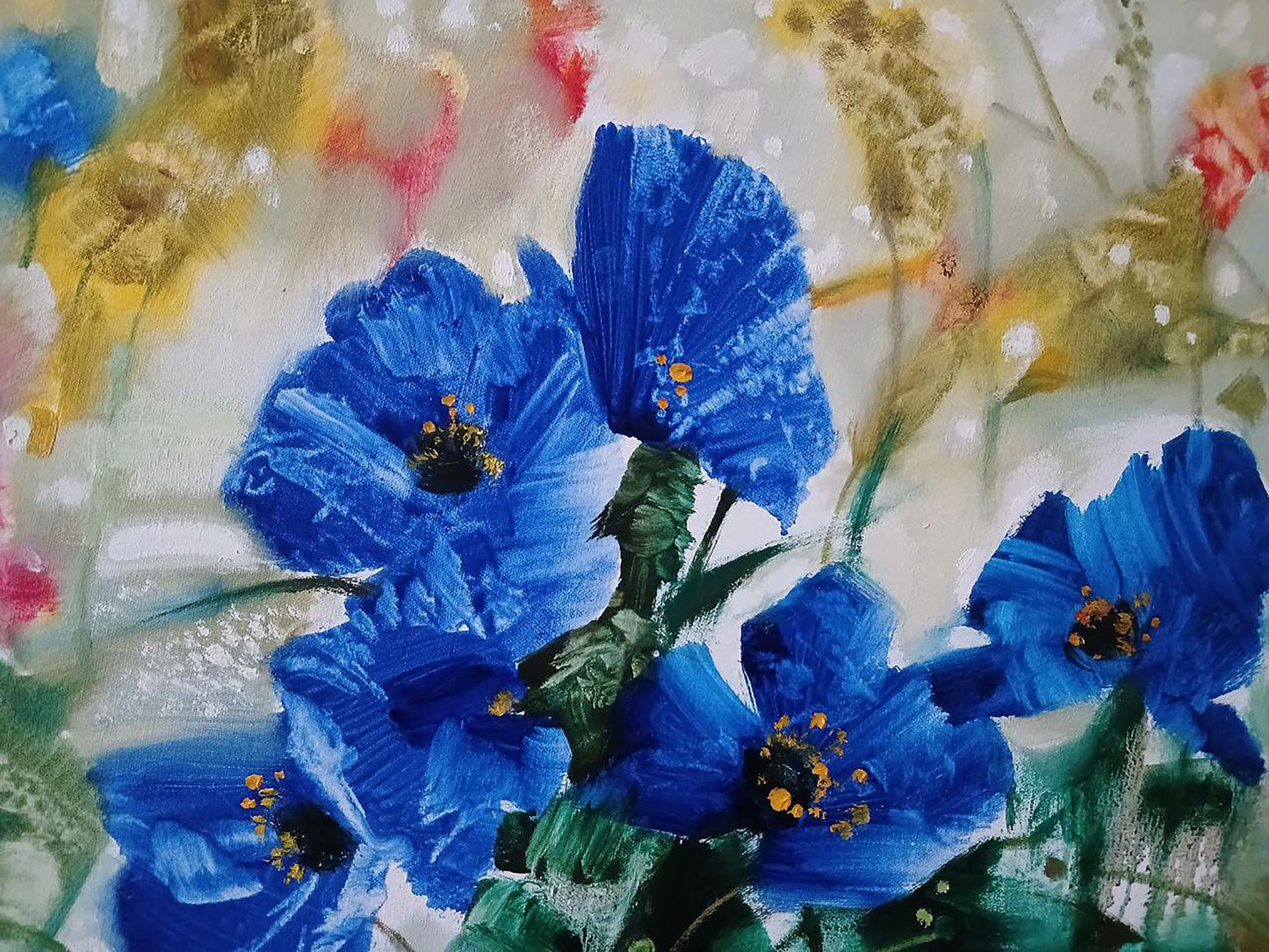 Vibrant blue poppies in Abstract oil painting Morning Dew by Anatoly Tarabanov