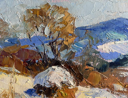 Impasto oil painting of winter mountains tree by Boris Serdyuk