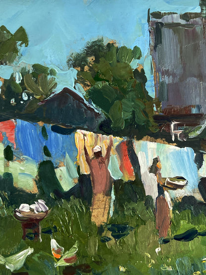 Vibrant impressionist oil painting by Yuriy Suprunchuk of rural daytime laundry scene