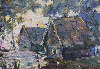Oil painting Country Night by Oleksiy Ivanyuk rustic houses