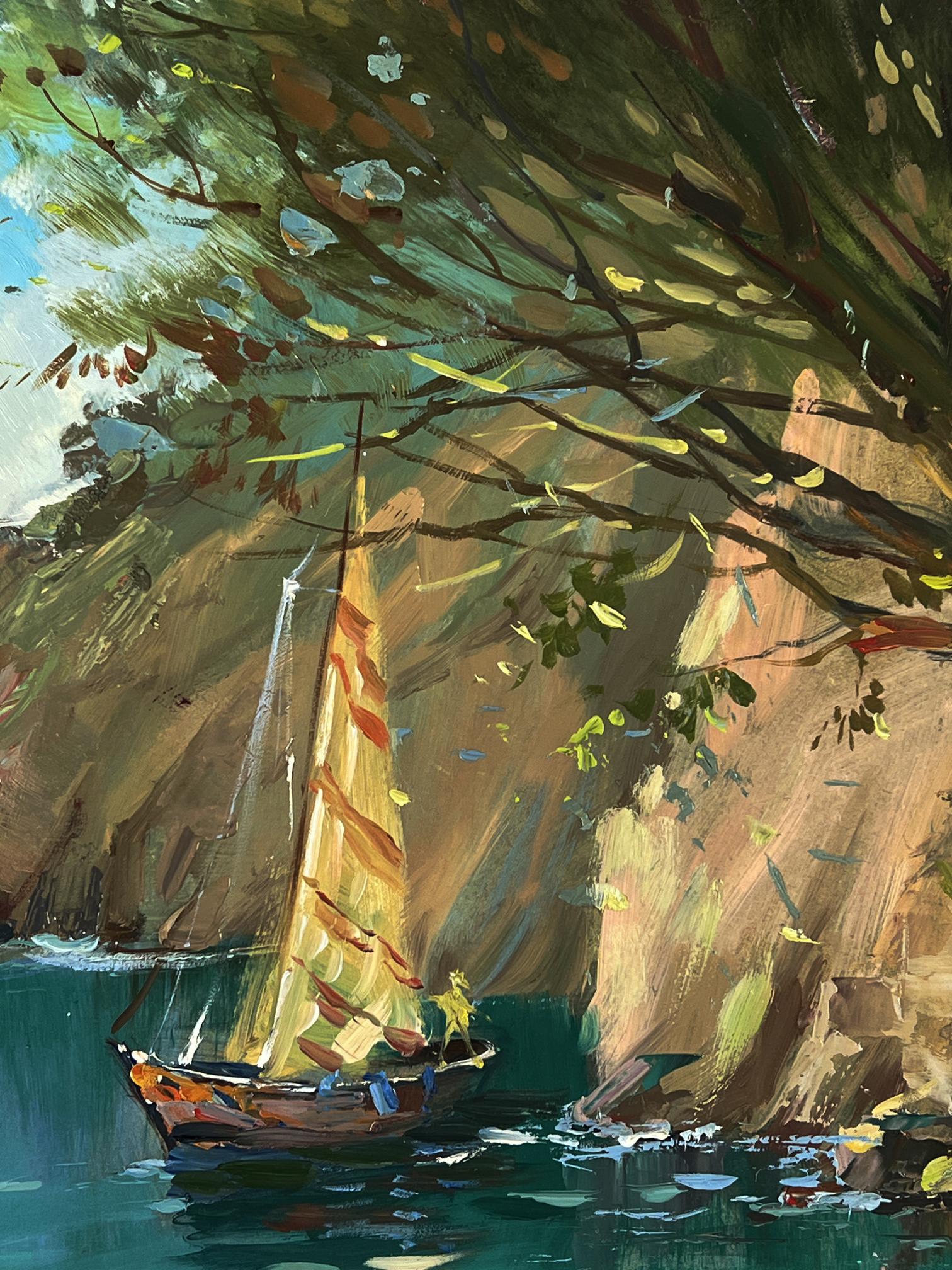 Oil painting of sailboat with yellow orange sail in teal waters by Yuriy Suprunchuk