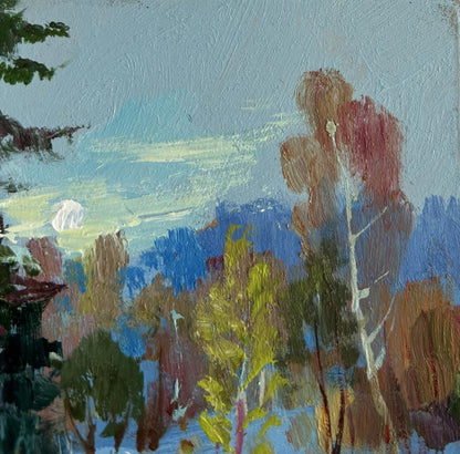 Oil painting of winter sunset in autumn forest by Yuriy Suprunchuk
