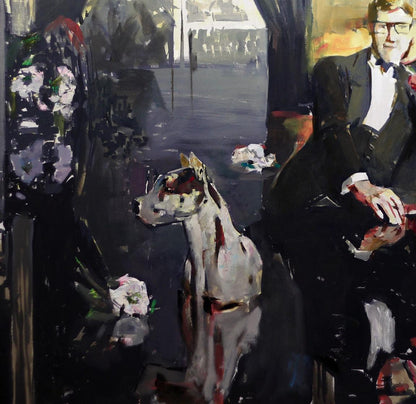 Oil painting LORAN by Ed Potapenkov: attentive white-brown dog beside suited man