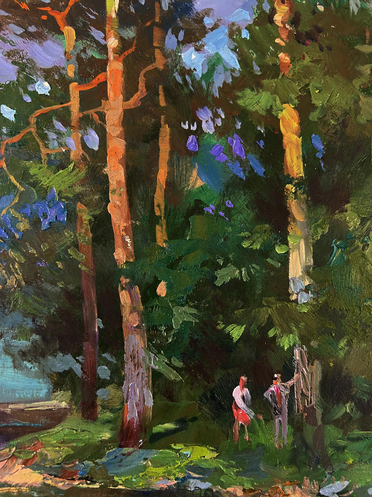 Vibrant impressionist oil painting by Yuriy Suprunchuk: forest descending to river banks