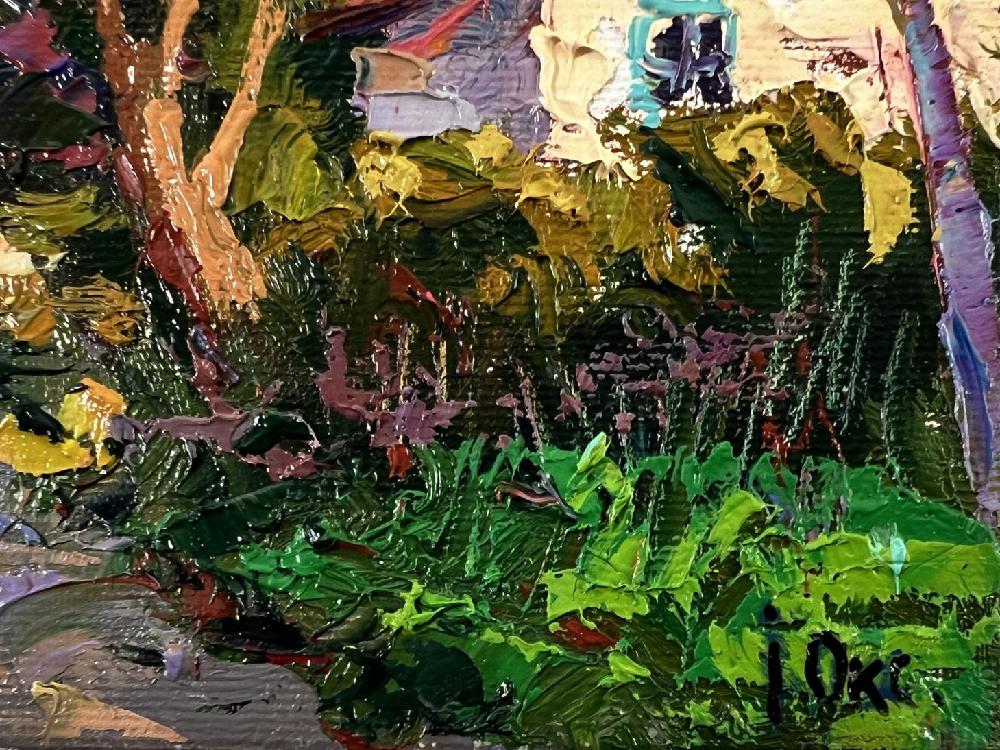 Vibrant impressionist oil painting of Oksana Ivanyuk village street garden